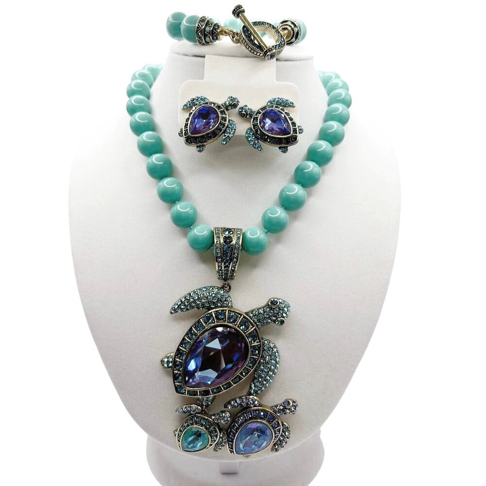 Heidi Daus Ocean Collection Turtle Statement Necklace Earrings and Bracelet Set